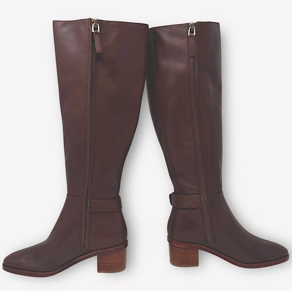 Tory Burch tall brown leather boots zip up knee high heeled chunky fall boots - Picture 8 of 9